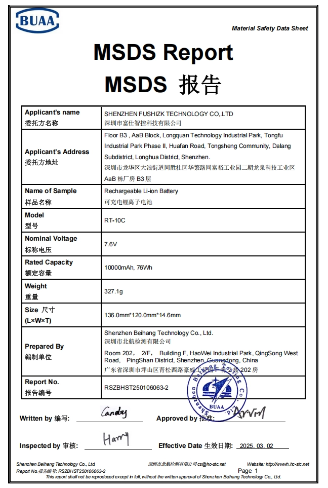 MSDS Report sulla batteria